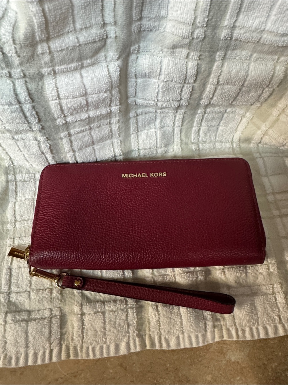 Michael Kors Wine Red Pebbled Leather Wristlet Zip Wallet